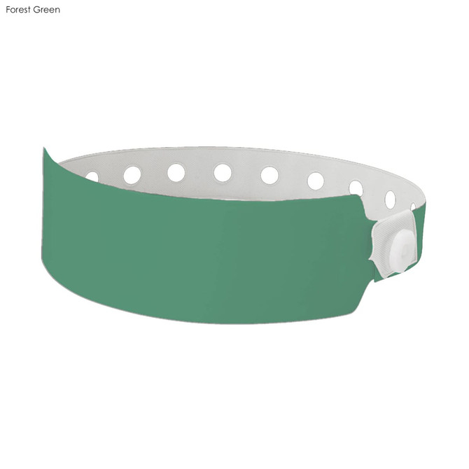 A forest green plastic wristband featuring holes and a secure fastener, used for events and exhibitions.