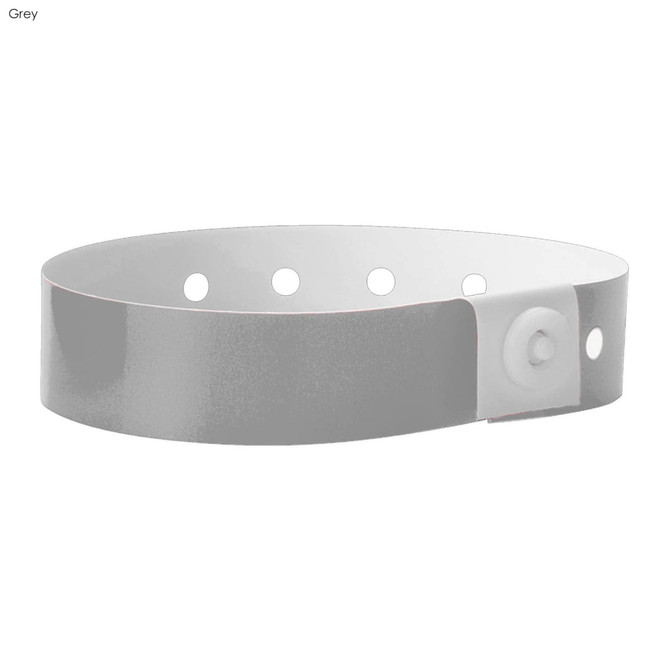 A grey plastic wristband with holes and a button closure, suitable for events and exhibitions.