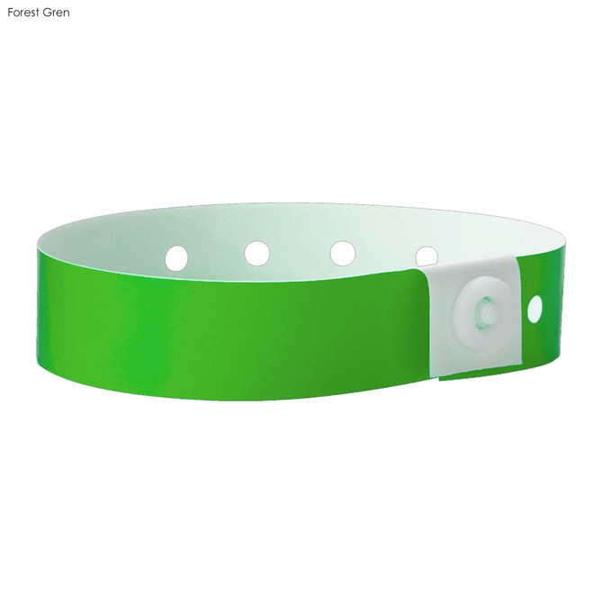 A green plastic wristband with holes for size adjustment and a fastening button, featuring a logo.