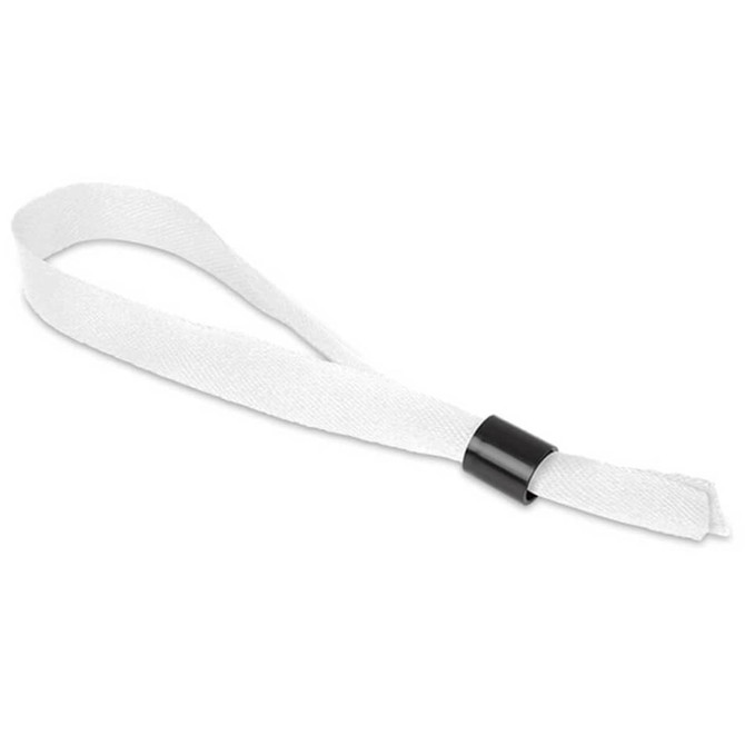 A white wristband with a black fastening, designed for corporate events and exhibitions.