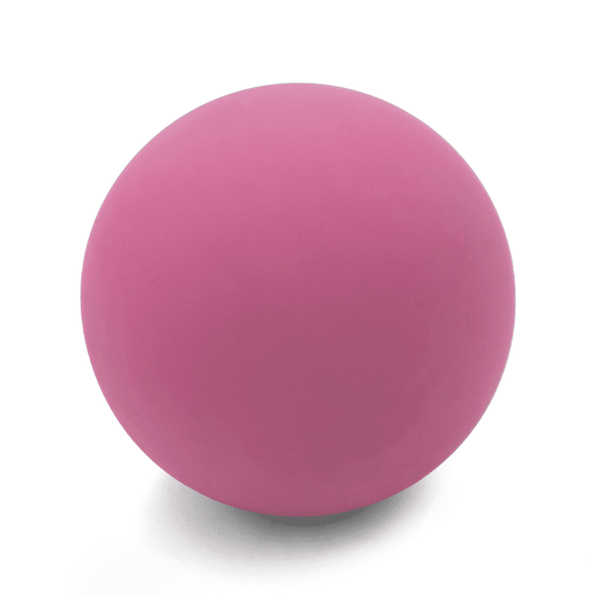 A pink high bounce ball with a smooth surface and rounded shape, featuring a logo.