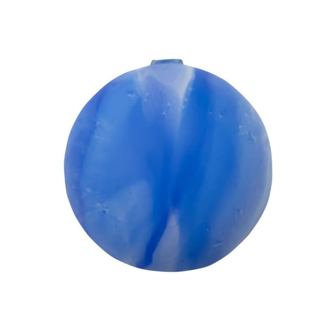 A blue, round reusable water balloon with a smooth surface and a slightly marbled design, featuring a small opening.