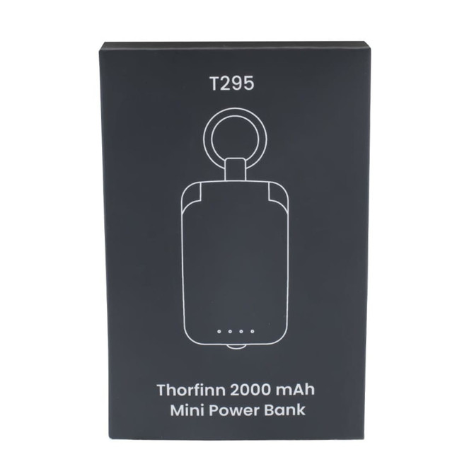A black box containing the Thorfinn 2,000mAh Mini Power Bank with a keyring attachment. The box features a brand logo.