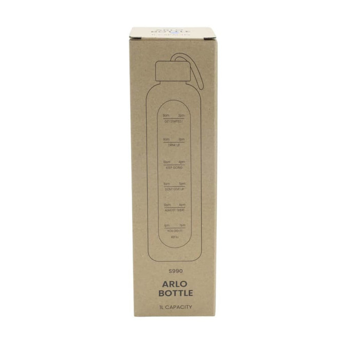 A drink bottle in a cardboard box, showcasing a sleek design and a capacity of 1 litre. The box features a logo.