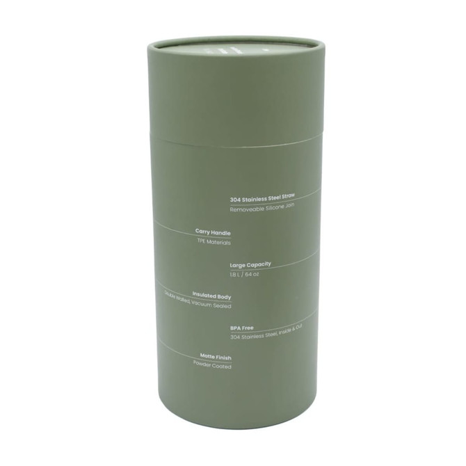 A drink bottle in matte green with a removable stainless steel straw and a carry handle. Includes an insulated body.