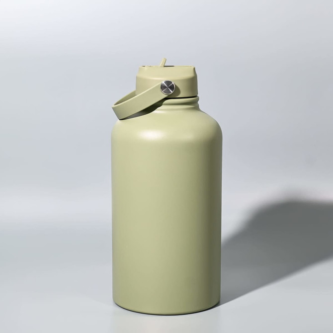 A drink bottle in olive green with a screw-top lid and a carrying strap, featuring a logo.