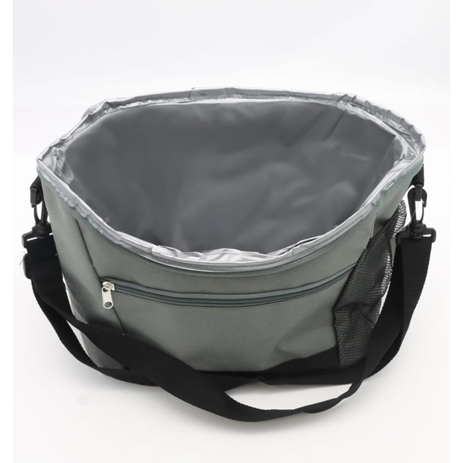 A grey cooler bag with a silver interior and an adjustable strap, featuring a zippered outer pocket.