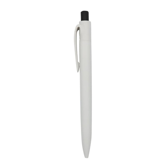 A white plastic pen with a black tip and a clip, featuring a branding logo.