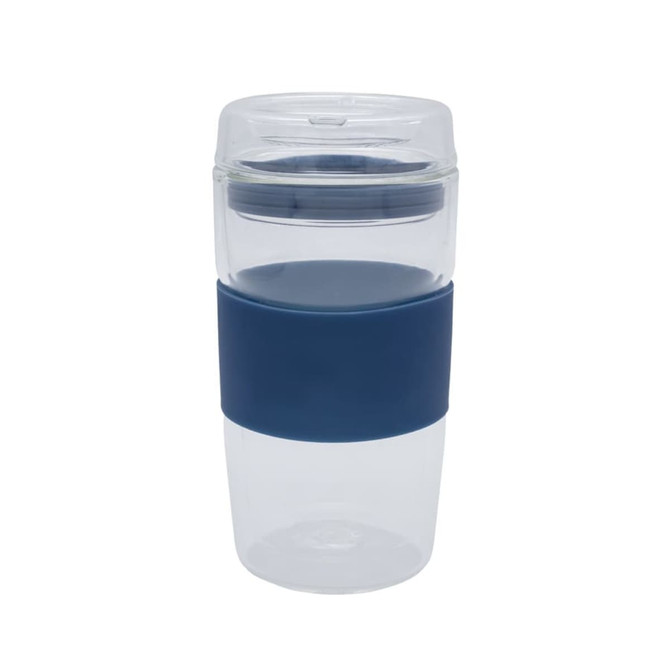 A reusable coffee cup in clear plastic with a navy silicone grip and lid. It has a sleek design perfect for drinks.
