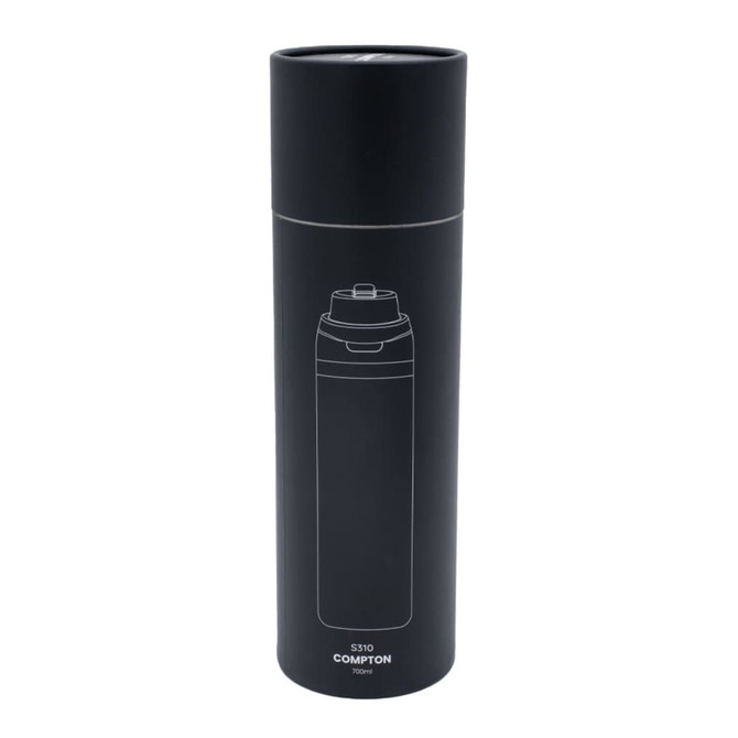 A drink bottle in matte black featuring a design outline and a screw-top lid. It has a logo on the bottle.