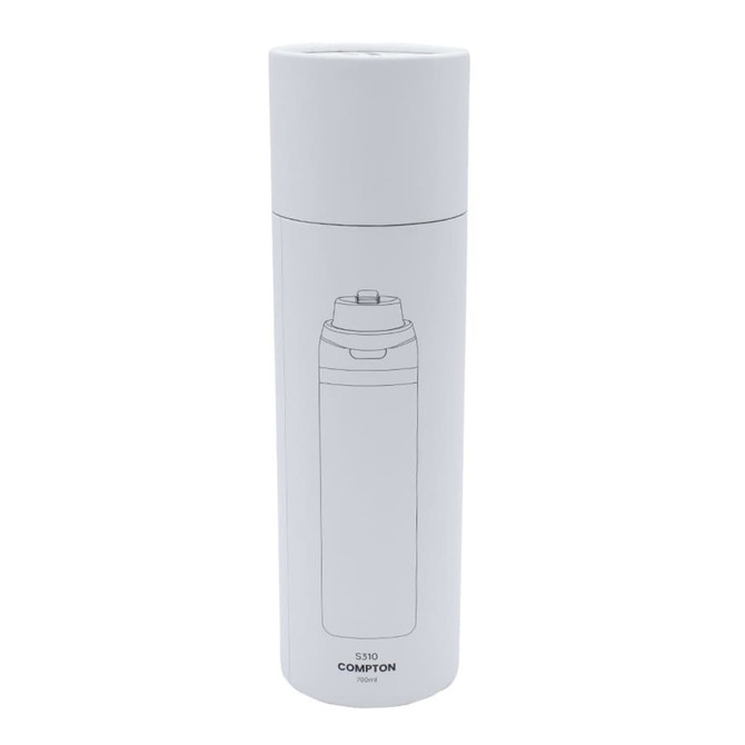 A drink bottle in a sleek white design, featuring a concealed cap and a brand logo.