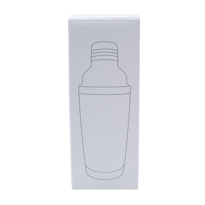 A drink bottle in a sleek design, featuring a silver body and a white outline in packaging with a logo.