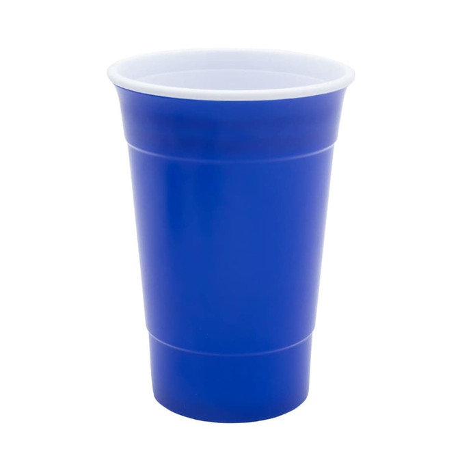 A blue double wall cup with a white inner layer, suitable for beverages. Features a logo design.