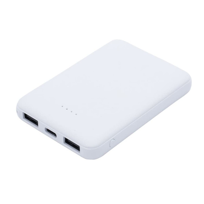A white power bank with two USB ports and a USB-C port. It has a sleek, flat design and a small logo.