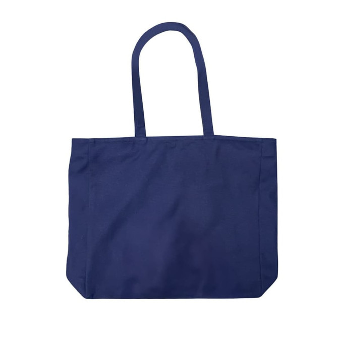 A large navy tote bag with two shoulder straps and a simple design, featuring a logo.