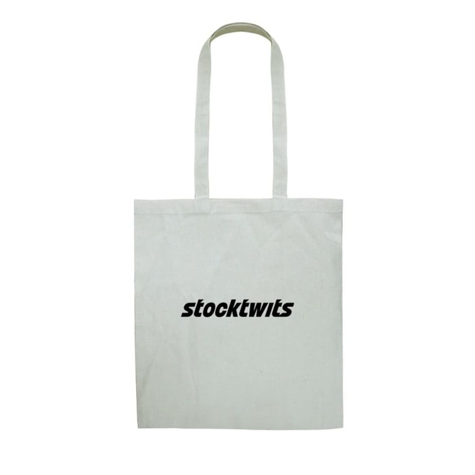 A cream-coloured recycled cotton tote bag with two handles and a branding logo.