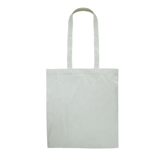 A recycled cotton tote bag in light beige with long handles and a simple design, featuring a logo.