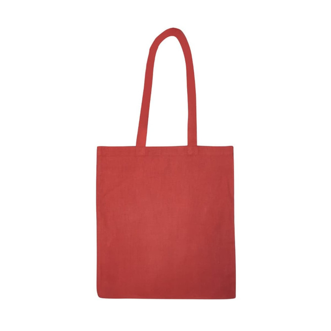 A red recycled cotton tote bag with two sturdy handles and a simple design. It features a logo.