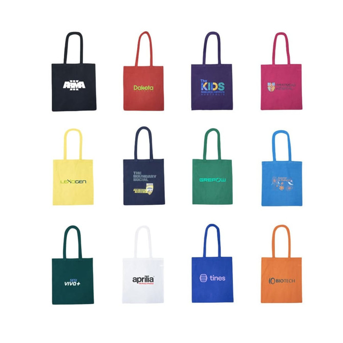 A collection of colourful tote bags in various shades, featuring different logos and branding.