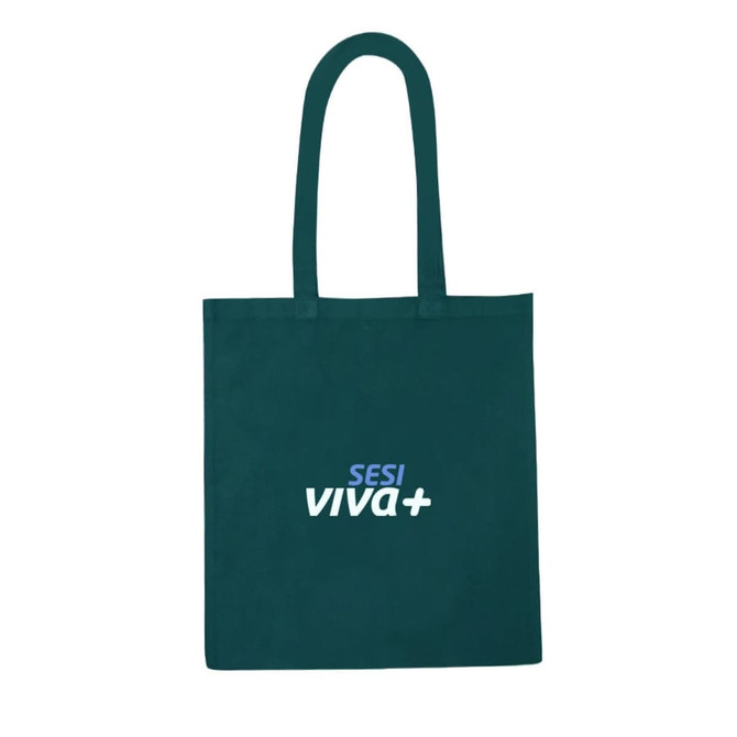 A dark green recycled cotton tote bag with long handles and a logo printed on the front.