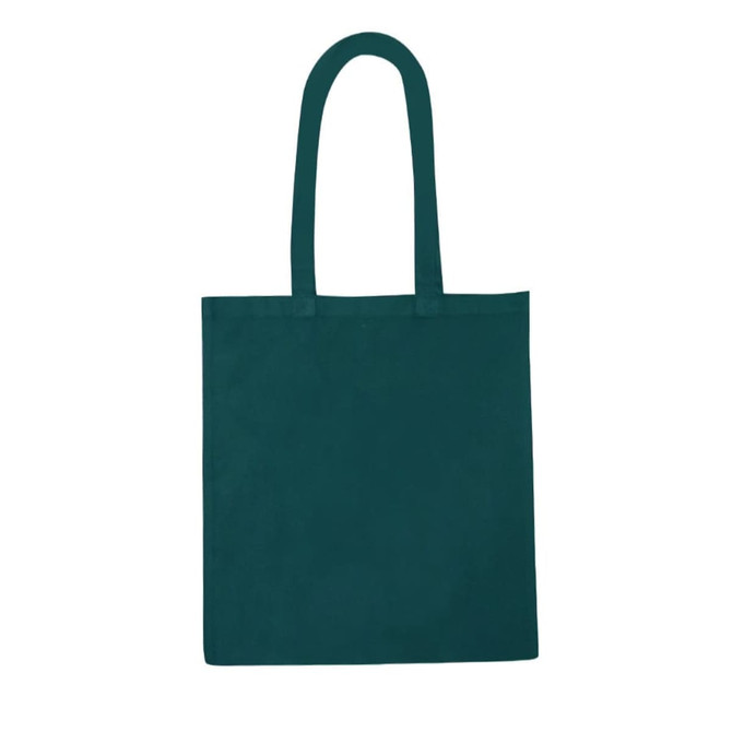A dark green recycled cotton tote bag with two handles and a plain design, featuring a logo.