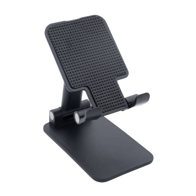 A black folding desktop mobile phone and tablet stand with a textured surface and adjustable angle base.
