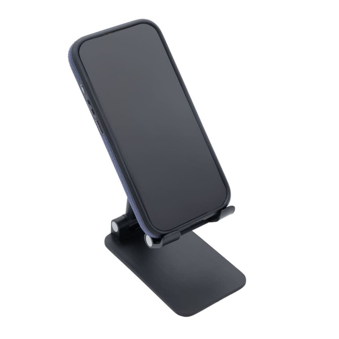 A black folding desktop mobile phone and tablet stand, featuring a sturdy base and adjustable angle for devices.