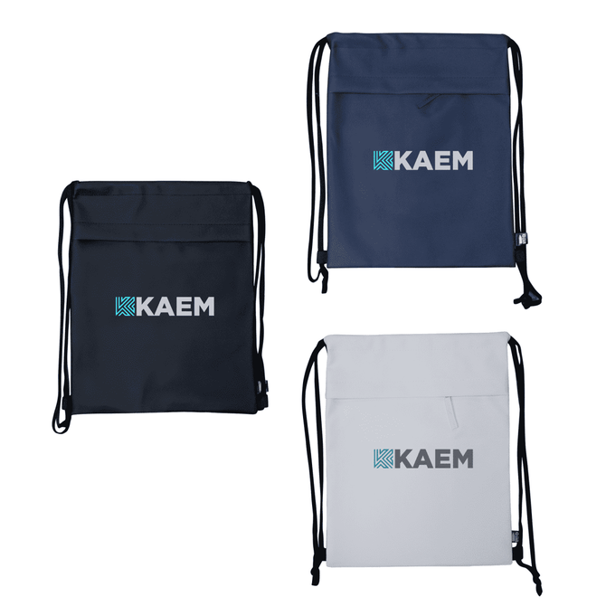 A collection of drawstring bags in black, navy, and white, each featuring a logo.