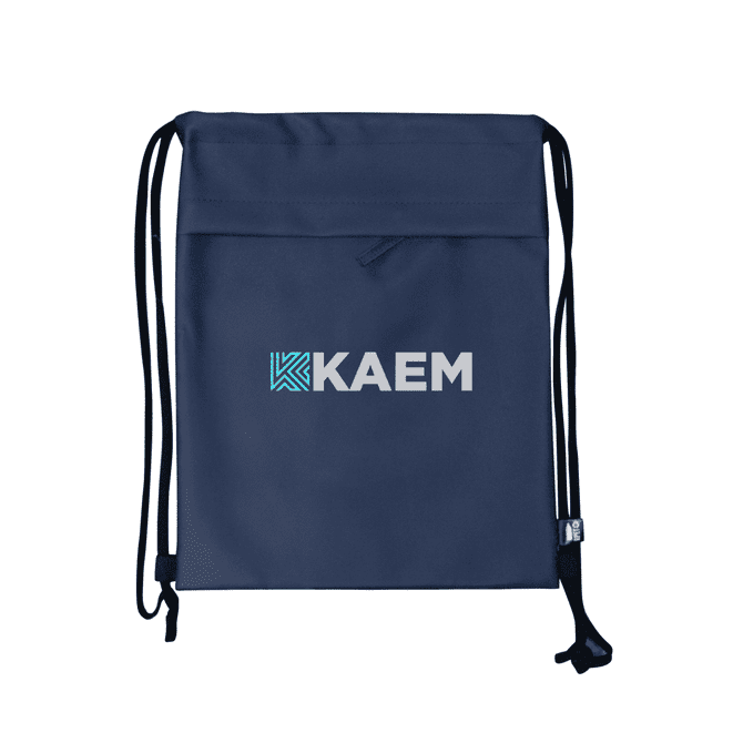 A navy drawstring bag with a logo prominently displayed in the centre.