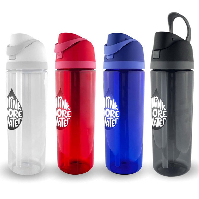 A drink bottle collection featuring clear, red, blue, and black options, each with a logo and a secure lid.