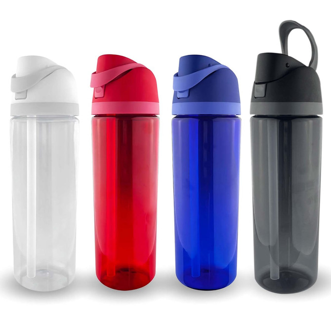 A drink bottle in four colours: clear, red, blue, and black, featuring a lid with a handle and branding.