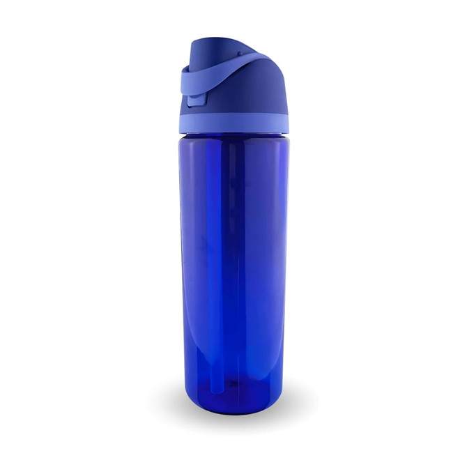 A drink bottle in vibrant blue with a matching lid and a logo. Ideal for hydration on the go.