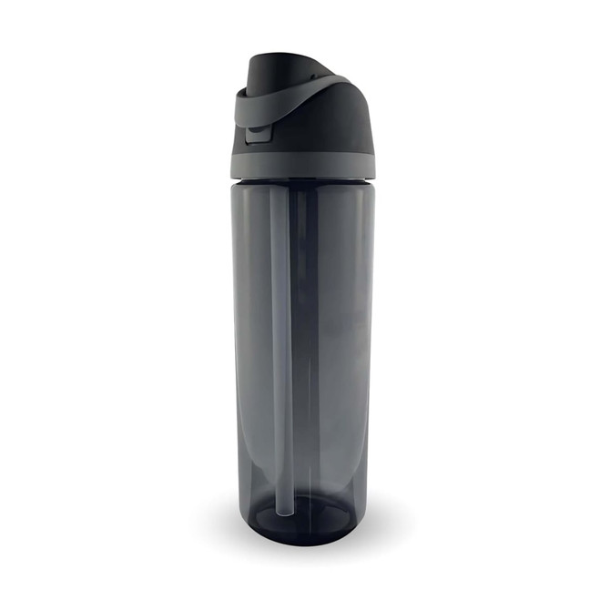 A drink bottle with a transparent grey body and a black lid featuring a straw and a logo.