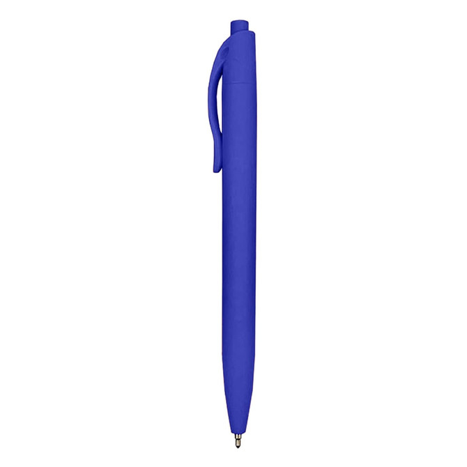 A blue plastic pen with a sleek design and a clip, featuring a branding logo.