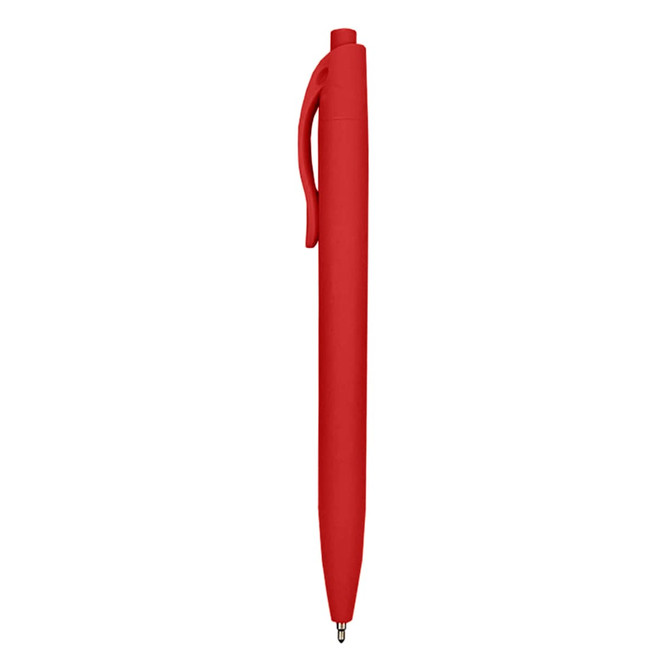 A red plastic pen with a sleek design and a clip, featuring a logo on its body.