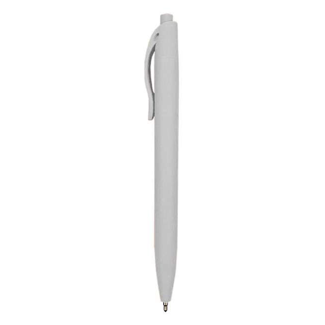 A grey plastic pen with a clip and a rounded design. The pen features a brand logo on its surface.