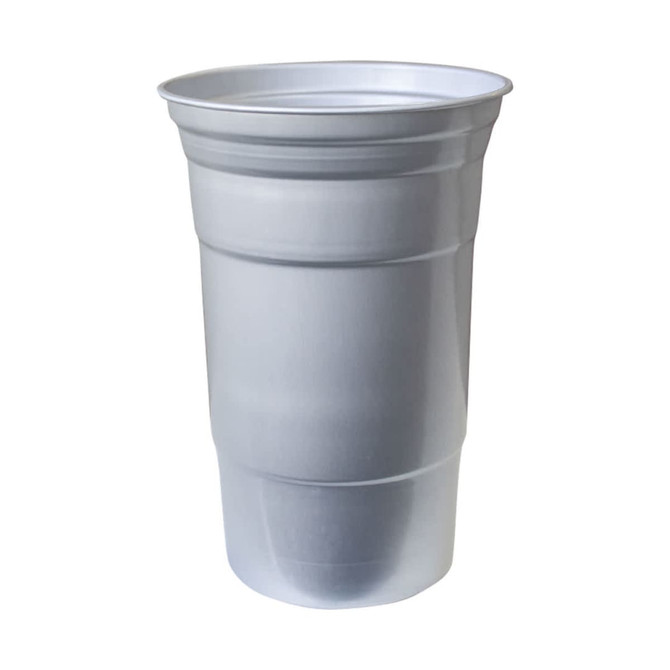 A drink bottle made of recycled aluminium, featuring a silver finish and a tall, cylindrical design. It has a branding logo.