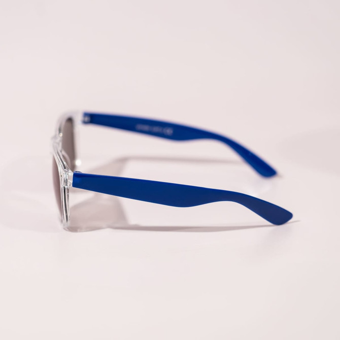 Blue Haze Sunglasses with clear frames and blue arms, featuring a logo on the temple.