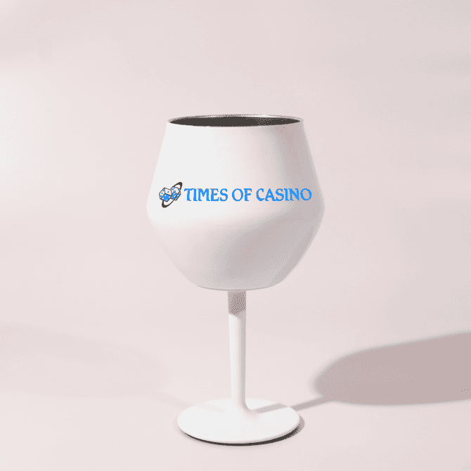 A white detachable wine glass with a logo on the front. The glass has a stem and a round bowl shape.