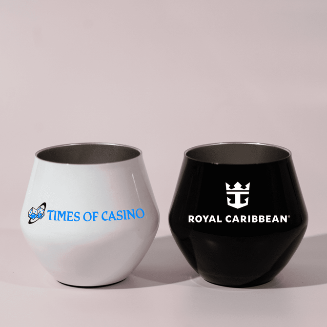 A set of two wine glasses, one white and one black, featuring different logos on each.
