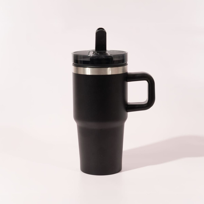 A drink bottle in black with a silver band, featuring a handle and a black lid. The product has a logo.