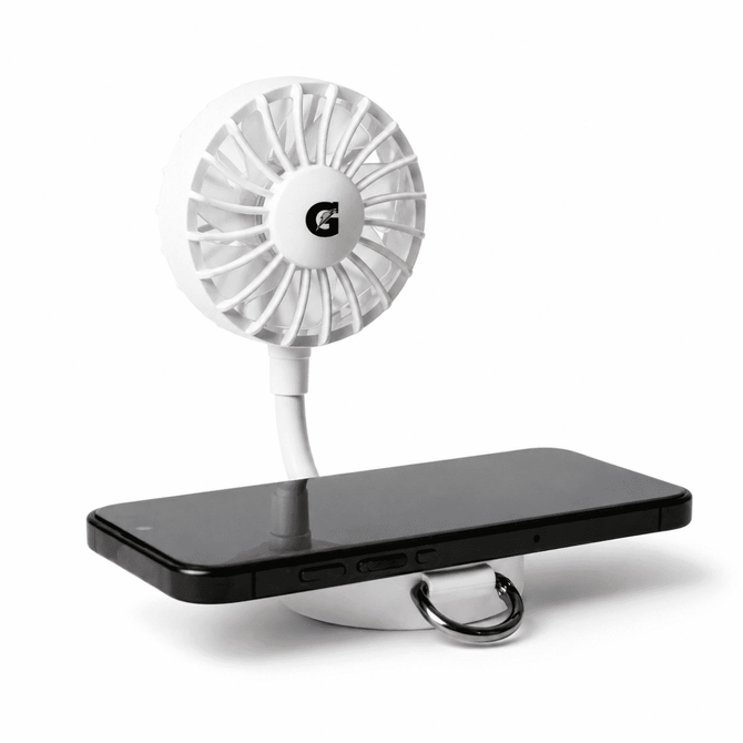A white rechargeable fan with a flexible arm attached to a black phone stand. It includes a logo on the fan.