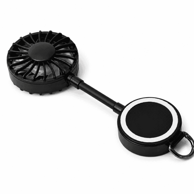 A black rechargeable fan with a magnetic base and a pull-out design. It features a circular fan and a detachable stand.