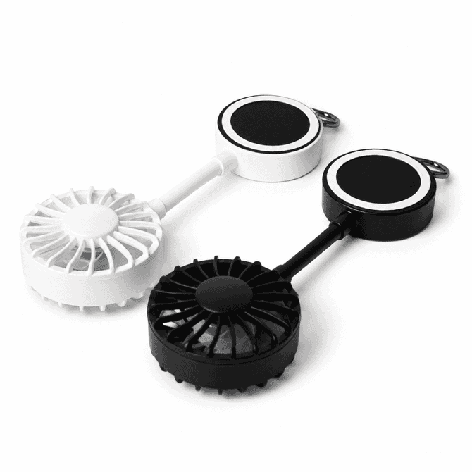 A black and white magnetic rechargeable fan with a Type C charging port and a logo on both pieces.