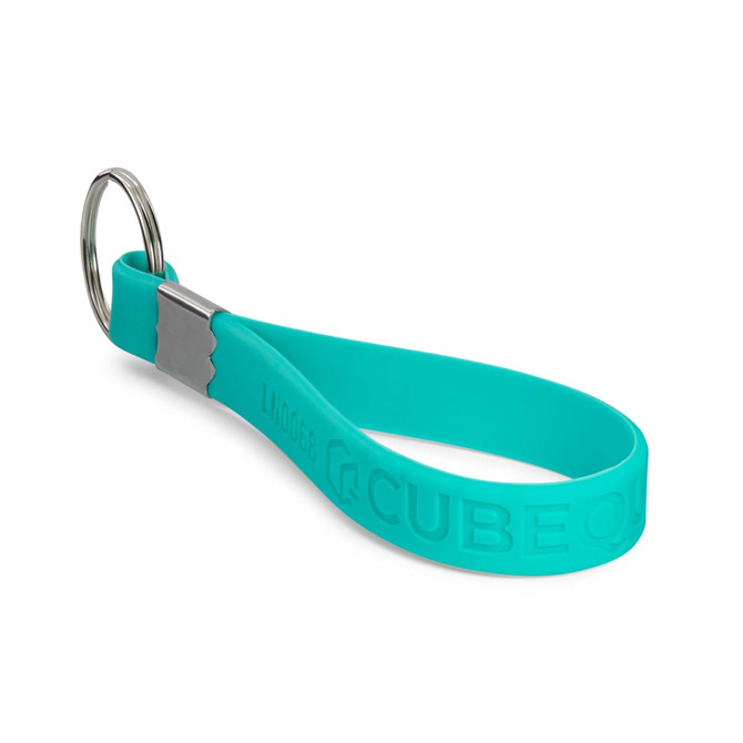 A turquoise silicone strap keytag featuring a metal keyring. The strap has a textured design and includes a logo.