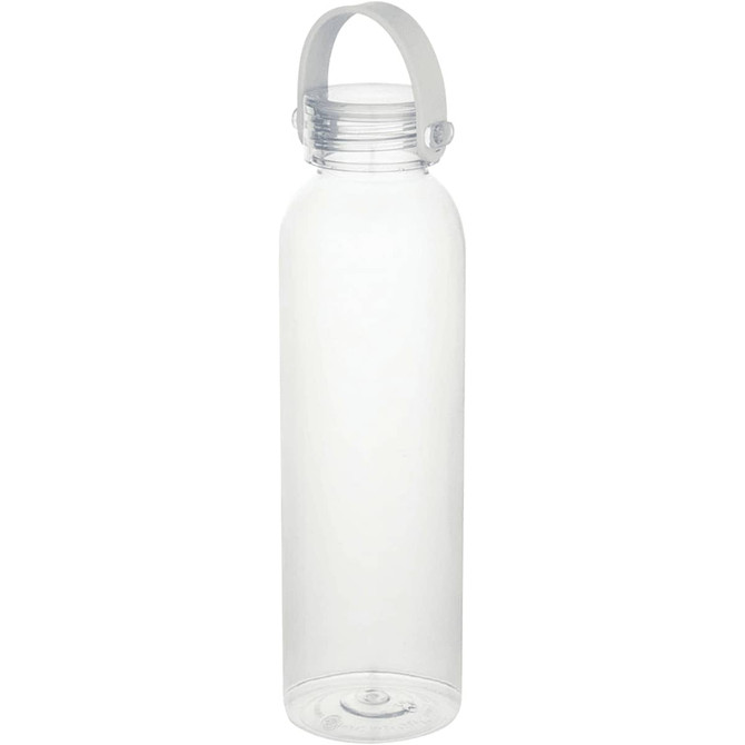 A drink bottle made of clear recycled plastic, featuring a handle and a screw-on cap. It has a simple, sleek design.