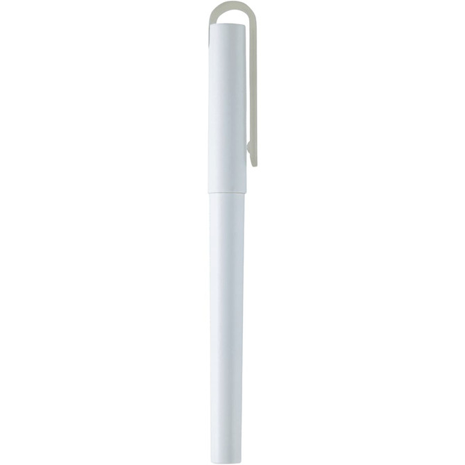 A white gel rollerball pen with a clip, featuring a smooth, sleek design. It has a logo on the body.