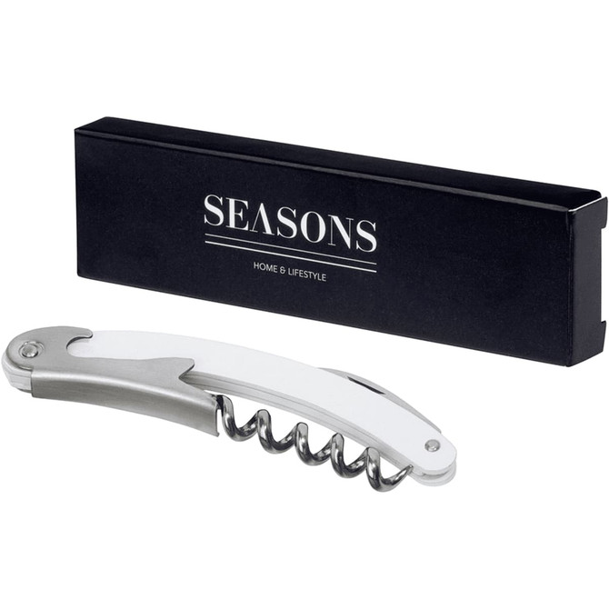 A waiter’s knife with a stainless steel corkscrew and a white handle, accompanied by a black box featuring a logo.