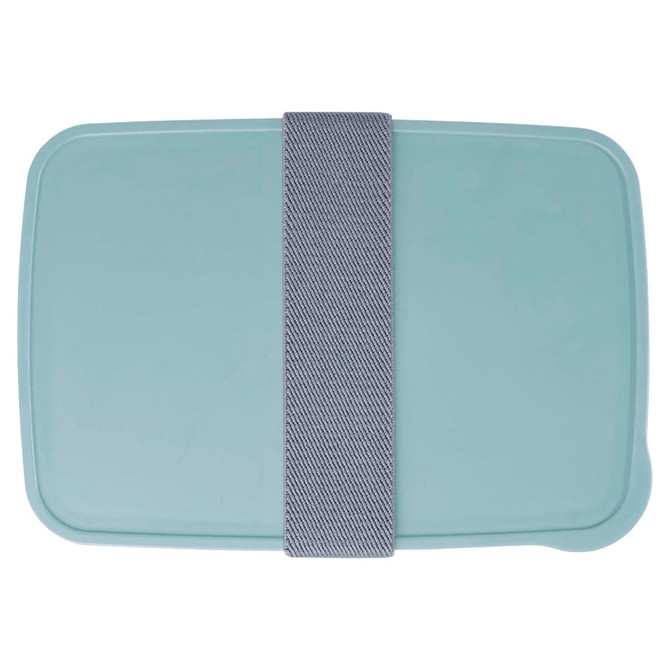 A teal lunch box with a grey strap, featuring a smooth surface and rounded edges. It includes a logo.