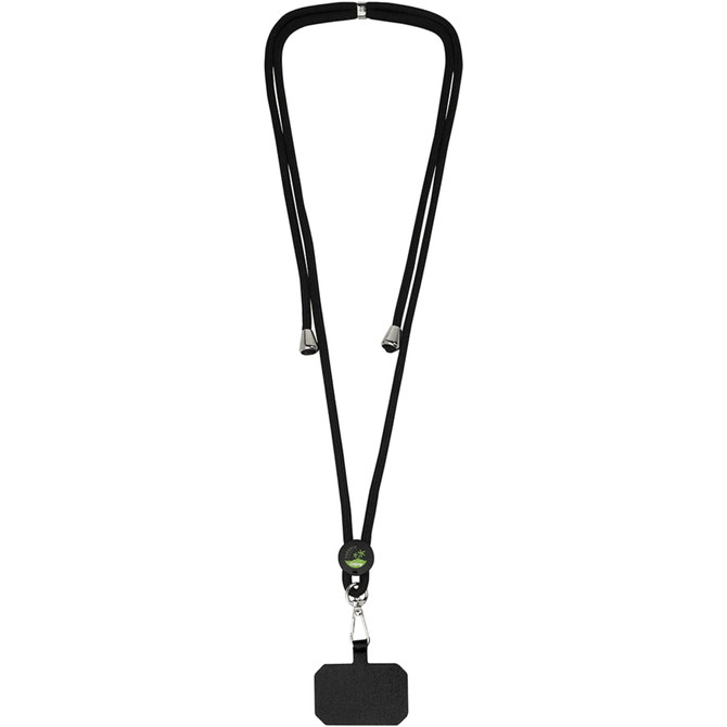 A black phone lanyard features adjustable cords and a clip for attaching devices. It has a simplistic design.